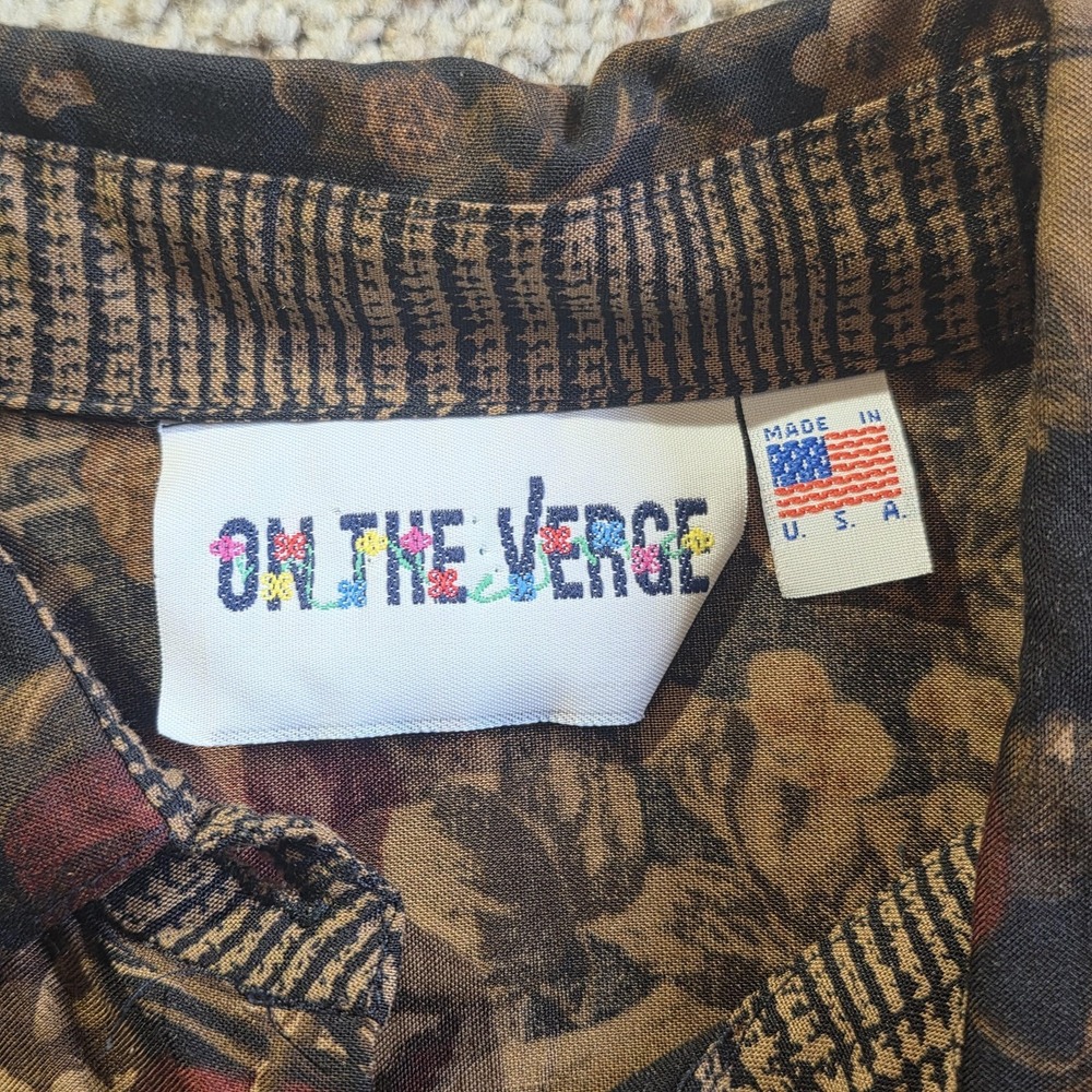 Vintage‎ On The Verge Shirt Womens Medium Brown Plaid Floral Button Up USA - Picture 2 of 7